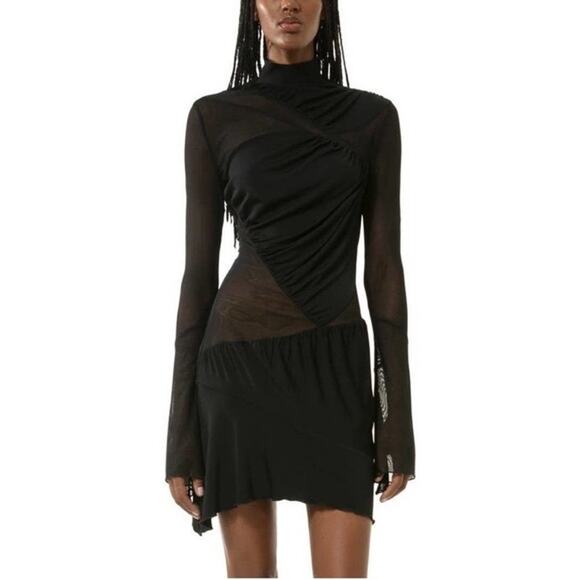MACH & MACH Sheer Panel Mesh Cutout Turtleneck Minidress Black US 10 - Picture 1 of 5